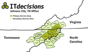 IT Decisions Johnson City, TN office coverage area map with logo